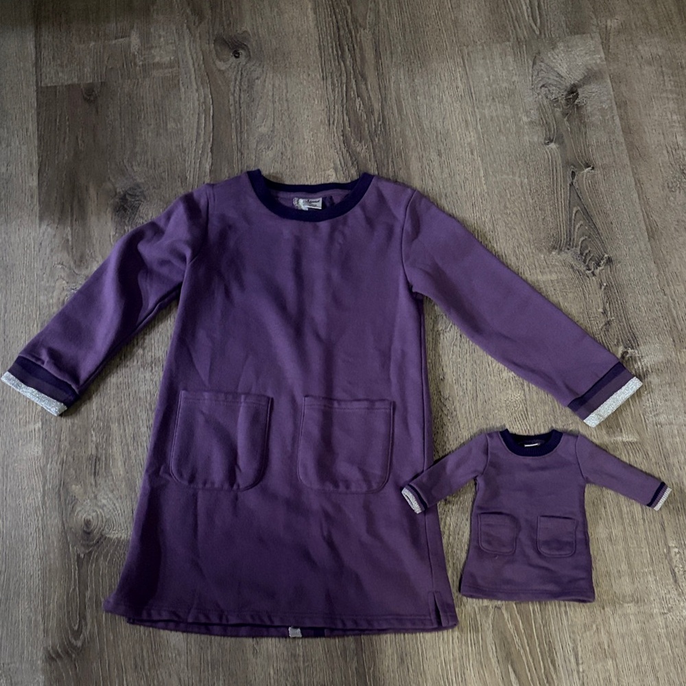 Purple Long Sleeve Pocket Dress with Mini Doll Outfit